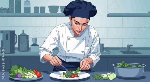 Chef in kitchen preparing gourmet dish with fresh vegetables