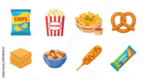A vector illustration of various snacks including chips, popcorn, pretzels, crackers, nuts, corn dog, and candy on a table indoors.