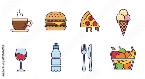 Set of food and drink icons including coffee, burger, pizza, ice cream, wine, water, cutlery, and fruit basket