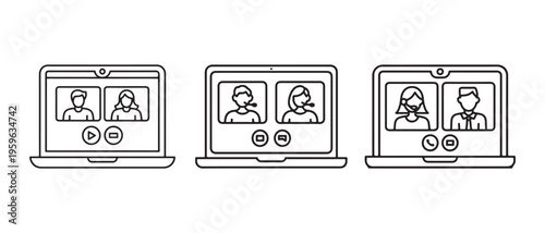 Minimalist Line Art Icons. Video Conference, Online Meeting, and Virtual Communication on Laptop Screens..