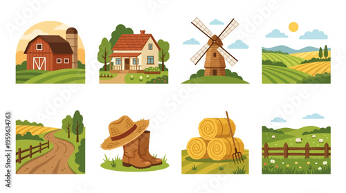 Farm scene with vector illustrations of rural landscape, farmhouse, barn, windmill, fields, and countryside elements.