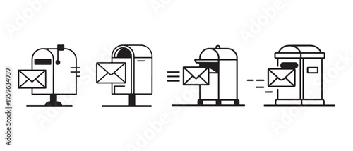 Set of Mailbox and Post Box Line Art Icons with Envelopes, Illustrating Postal Service and Communication Delivery.