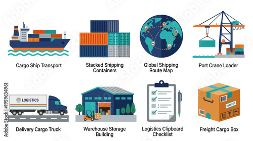 Vector graphic of various logistics elements including a cargo ship, warehouse, and delivery truck in a vector style illustration.