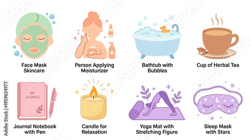 A serene vector illustration of a person applying face mask, surrounded by bath products, tea, journal, and yoga mat in a relaxing environment with candles and sleep mask.