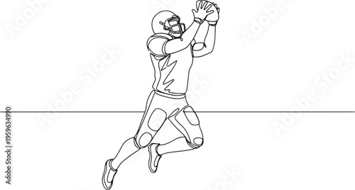 American football player catching ball line art vector illustration.