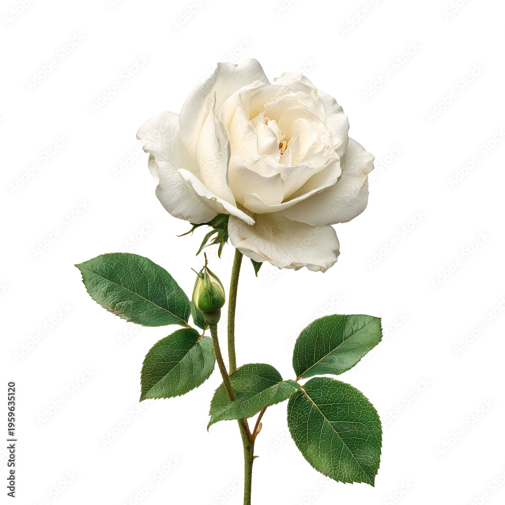 Fototapeta premium A white rose with green leaves and stem isolated on transparent background