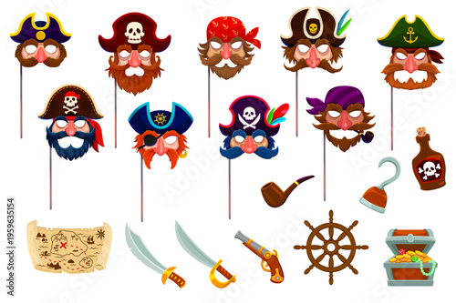Caribbean pirates party photo booth props and masks, hats, beards, swords, map, hook, and treasure chest with pipe and rum bottle. Cartoon vector party decorations, accessories, for kids and events