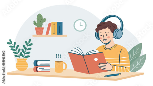 Student wearing headphones studying with laptop and books on desk at home with plants