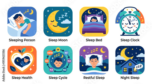 Vector graphics illustrate a sleeping person with a peaceful night sleep.