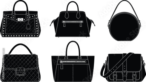 Vector illustration of six handbag silhouettes including tote, satchel, shoulder purse, quilted design, and structured fashion accessories artwork