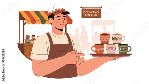 Artisan's Showcase: A skilled artisan, standing before his stall, proudly presents a collection of handcrafted pottery, each piece a testament to creativity and dedication.