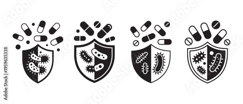 Antibacterial and Antiviral Immunity. Medical Pills Protecting Against Bacteria and Viruses with Shield Icons.