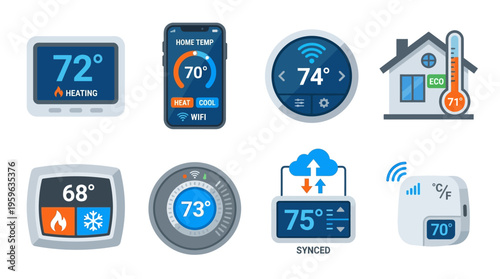 Vector graphic of various smart home temperature control devices on a clean white background for technology and industry.