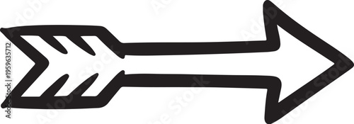 Hand drawn arrow vector illustration, black ink sketch arrow with fletching, rustic doodle pointer for navigation and creative design projects isolated PNG with Transparent Background