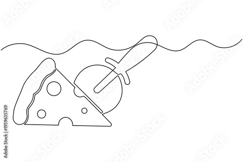 Pizza slice with cutter wheel continuous one line drawing minimalist kitchen tool outline vector illustration