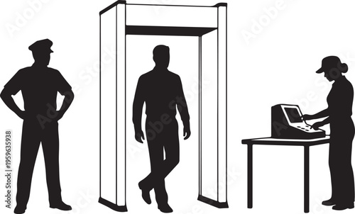 Security checkpoint with metal detector archway and guards