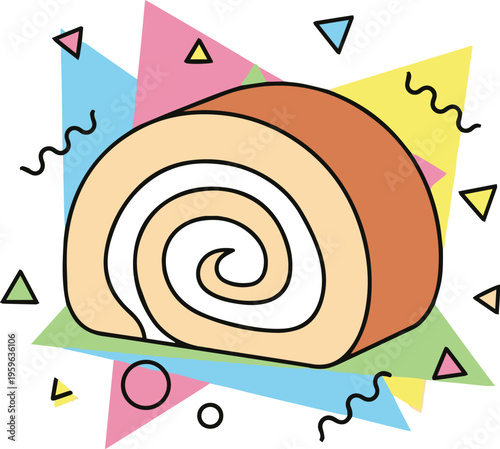 Roll Cake or Swiss Roll Vector Illustration with Memphis Style Geometric Patterns; Flat Design for Bakery Menu, Dessert Branding, Pastry Shop, and Sweet Food Concept.