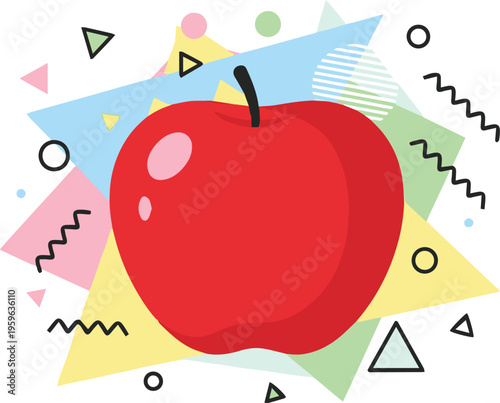 Red Apple Fruit Vector Illustration with Memphis Style Geometric Patterns; Flat Design for Healthy Eating, Organic Food Branding, Nutrition Education, and Modern Culinary Design.