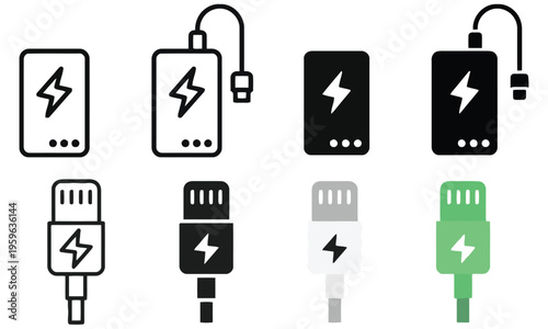 Set of portable power bank and usb charger icons in various styles