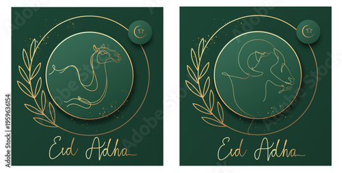 Eid al Adha Social Media Post Template Set with Camel dan Ram Line art illustration, Islamic Ornament in Green Background