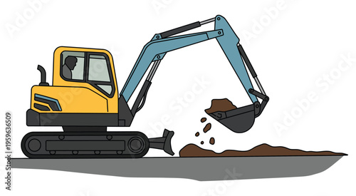 mini excavator digging soil construction machine isolated vector, powerful compact excavator in action,, engineering visuals and professional industrial use.
