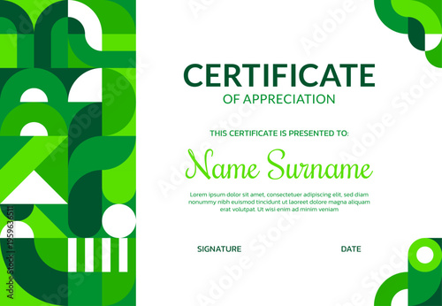 Environment certificate of appreciation, ecology geometric Bauhaus pattern. Ecology saving Bauhaus geometric pattern vector diploma, nature save certificate. Planet Earth sustainability award document