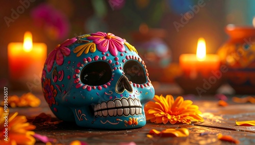 Decorated Sugar Skull with Marigolds and Candles.