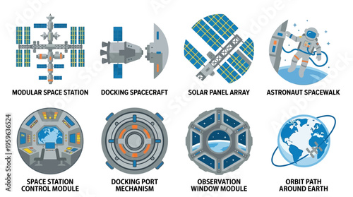 Astronauts conduct operations on a modular space station with a docking spacecraft and solar panel array in Earth's orbit using vector graphics.