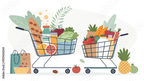 Grocery shopping cart vector bundle with fresh produce and food items for weekly market shopping