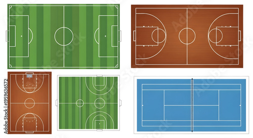 Sports Field Top View Vector Set – Soccer Basketball Tennis Court Layout Collection Multi Sport Design