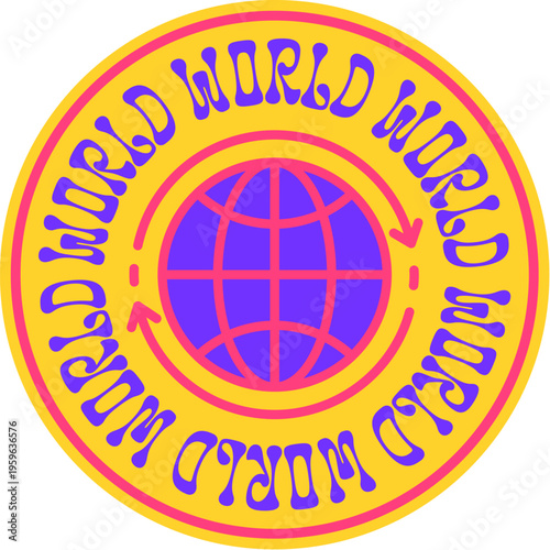 World round globe Y2K groovy sticker or tag. Earth Y2K vector terrestrial sphere tag, globus patch. World mesh sphere label with purple funky typography on yellow background