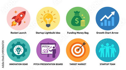 Vector illustration of a startup team presenting their innovative business ideas with a rocket launch, targeting market growth and funding.