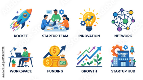 A vector illustration of a startup team working in a modern workspace with a rocket, lightbulb, and network icons, surrounded by funding, growth, and innovation elements in a business environment.