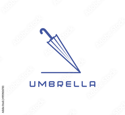 Umbrella icon, rainy weather or monsoon season symbol. Accident protection agency isolated vector emblem, security service icon. Insurance company sign with closed blue umbrella or parasol and text