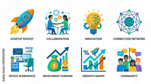 Vector illustration of a startup team collaborating in an office workspace with growth graphs and investment funding for innovation and community connection.