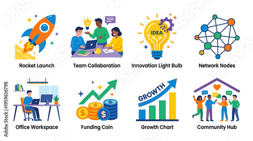 Business team collaboration and innovation with vector graphics in office workspace with funding and growth