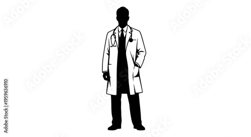 Doctor silhouette standing with stethoscope, healthcare professional full body icon, medical physician figure in black minimal design isolated on light background