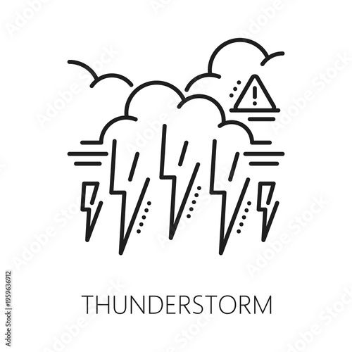 Thunderstorm natural disaster, catastrophe line icon. Natural catastrophe thin line pictogram, environmental disaster vector sign. Thunderstorm outline icon with lightning bolt coming from sky cloud