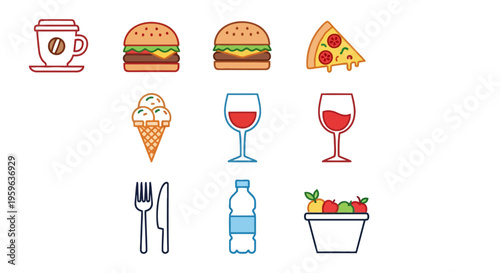 Collection of assorted food and drink icons including coffee, burger, pizza, ice cream, wine, and more
