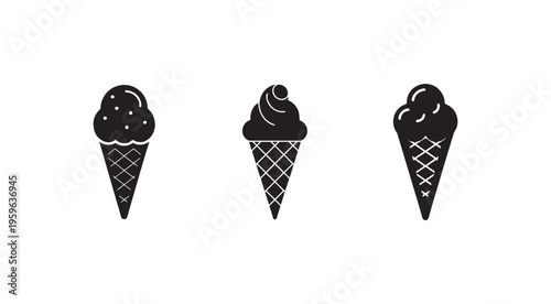 Black and white ice cream cones with different toppings and designs  simple illustrations of frozen treats