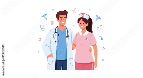 Doctor and nurse standing together smiling, healthcare professionals teamwork concept, medical staff collaboration and support illustration isolated on light background