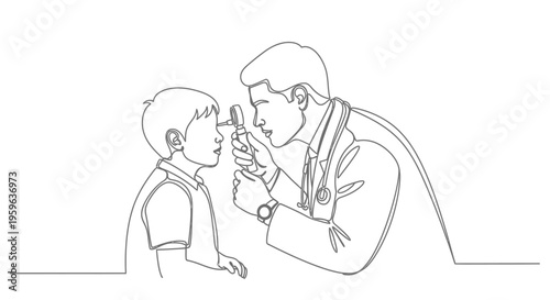 Doctor examining child line art illustration, pediatric healthcare concept, medical checkup and diagnosis for kid, minimal outline drawing isolated on white background