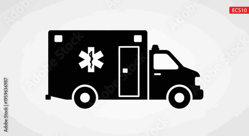 Ambulance black silhouette icon, emergency medical vehicle symbol, healthcare transport concept, simple flat design isolated on light background for web and app use