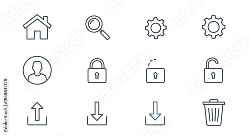 Set of various common outline icons for web and user interface design, including house, search, settings, user profile, lock, upload, download, and trash bin icons