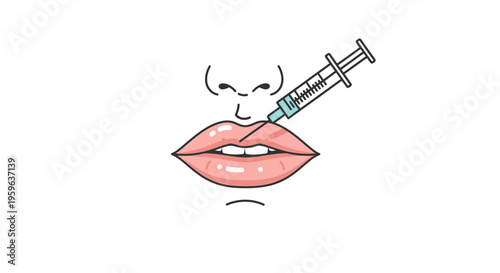 Lip injection cosmetic procedure illustration, syringe near female lips, beauty and aesthetic medicine concept, dermatology and facial treatment isolated on light background
