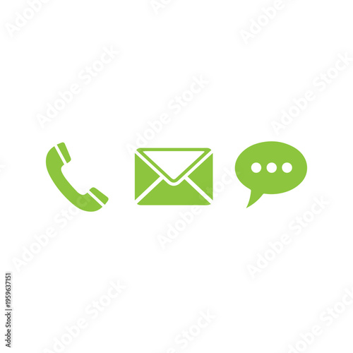A sequence of three bright green communication pictograms showing a receiver, an opened envelope, and a text bubble on white.