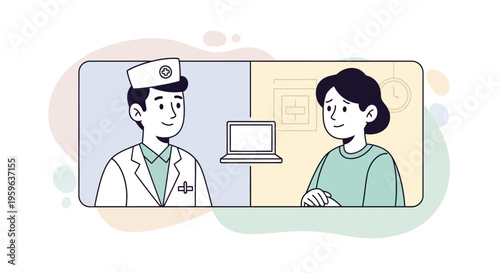 Telemedicine video call between doctor and patient, online healthcare consultation concept, digital communication in medicine, remote diagnosis and virtual care illustration