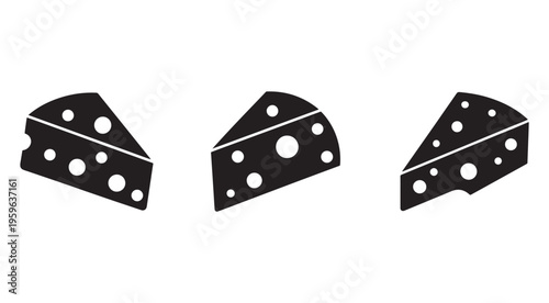 Black and white illustration of three cheese wedges with holes  cheese slices  food icons
