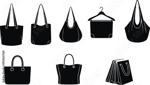 Vector illustration of eight handbag and tote silhouettes including shoulder bags, structured purses, and shopping bags in fashion design
