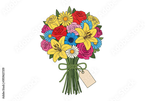 Colorful bouquet of mixed flowers tied with a green ribbon and a blank tag